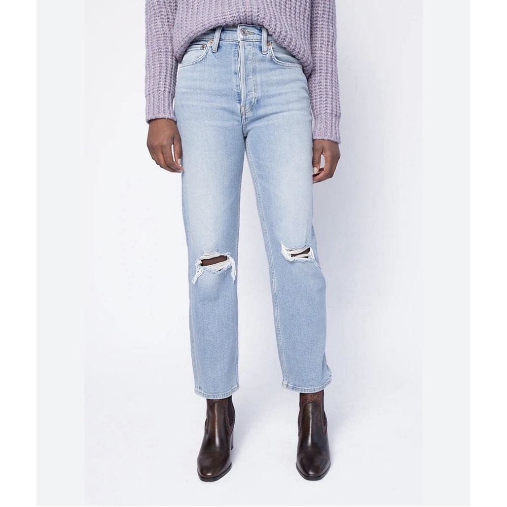 RE/DONE‎ 70s Stove Pipe High-Rise Distressed Crop Jeans Size 30 Light Wash